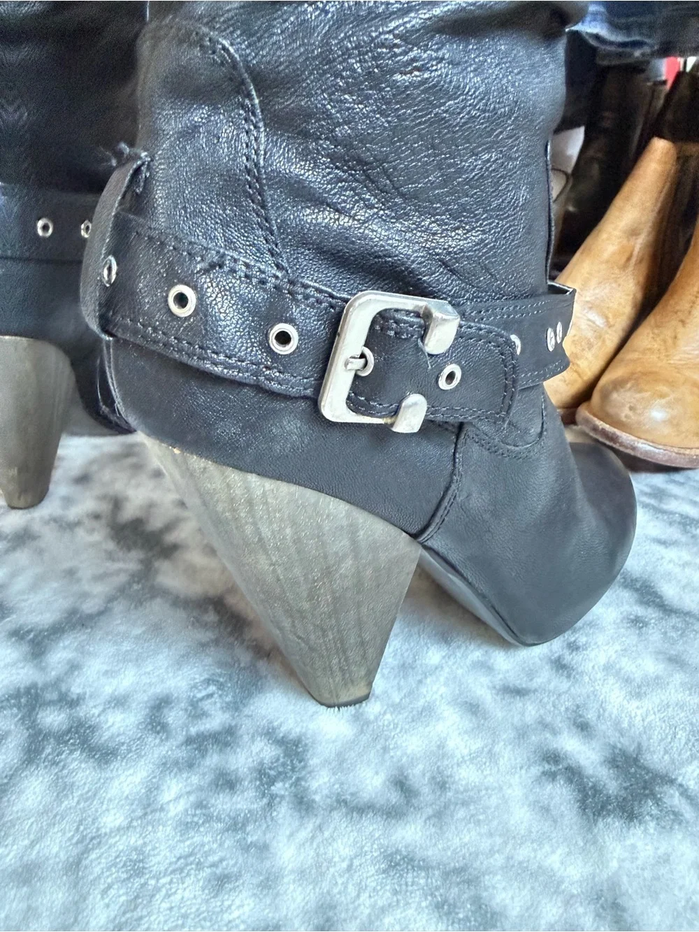 naughty monkey - Retro Rocker Black Over-the-Knee Buckle Strap Heeled Boots - 10